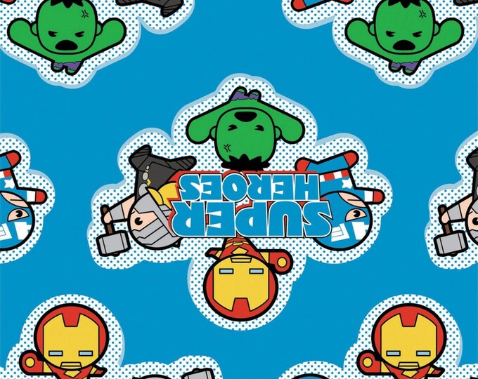 Camelot Fabrics Marvel Fabric Kawaii Super Heroes in Blue Premium Quality 100% Cotton Fabric (CA511KK)