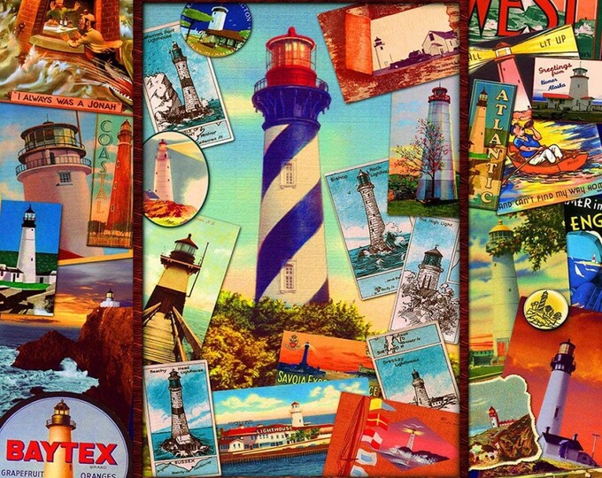 Retro lighthouses   Springs Creative 100% cotton 43" wide fabric Sold by the Yard (SC1491KK)