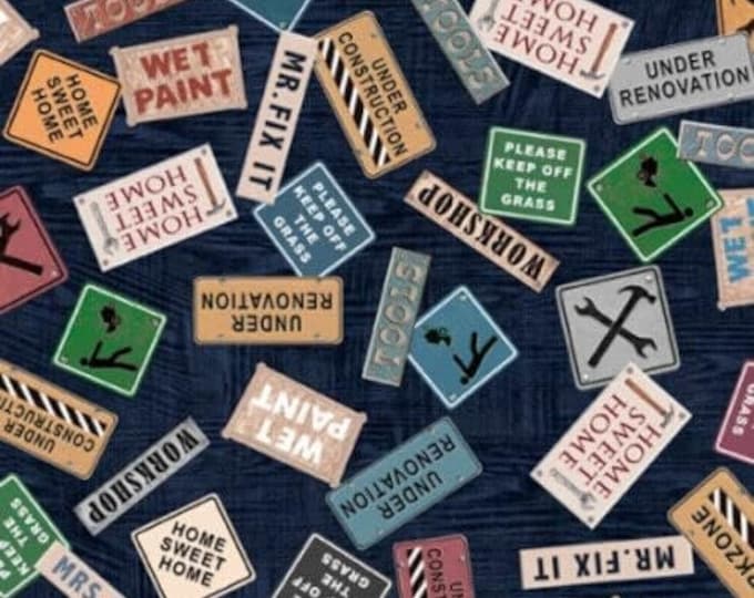 Quilting Treasures A Little Handy by Dan Morris Navy Construction Sign Premium Quality 100% Cotton Fabric (QT603XX)
