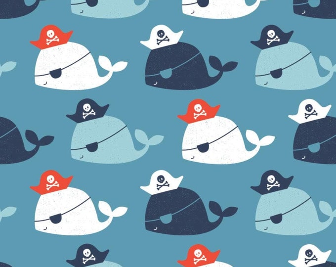 Camelot Fabrics Nautical Collection Pirate Whales Blue Premium Quality 100% Cotton Fabric (CA1053KK)