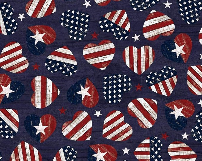 Timeless Treasures Land Of The Free Navy American Flag Hearts Premium Quality 100% Cotton Fabric (TT1010)