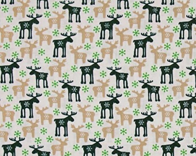 Fabri-Quilt Seasons Greetings Reindeer Ecru/Green Premium Quality 100% Cotton Fabric (FQ172)