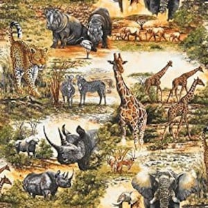 May include: A colorful fabric featuring a repeating pattern of various African animals, including elephants, giraffes, rhinos, and leopards, set against a background of brown, green, and beige.