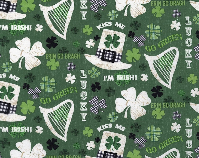 Henry Glass Hello Lucky Irish Motifs & Words Green Premium Quality 100% Cotton Fabric (WF25)