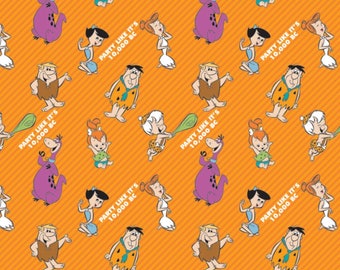 Camelot Fabrics The Flintstones 2 Party On Stripes Orange Premium Quality 100% Cotton Fabric (CA862KK)