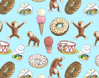 Springs Creative Curious George Sweets & Snacks Blue Premium Quality 100% Cotton Fabric (SC46XX)