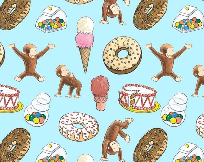 Springs Creative Curious George Sweets & Snacks Blue Premium Quality 100% Cotton Fabric (SC46XX)