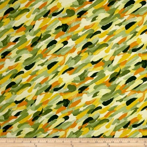 May include: Abstract fabric with a camouflage pattern in shades of green, yellow, and orange. The fabric has a soft, brushed texture.