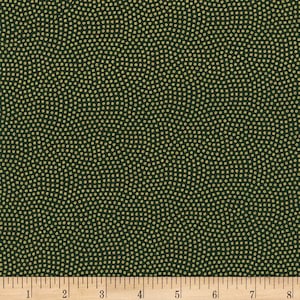 May include: Green fabric with a subtle pattern of small gold dots. The fabric is textured and has a slight sheen.