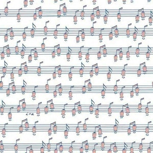May include: A white background with a repeating pattern of pink flowers and musical notes on blue lines. The text "c + a" is written in the center of the image.