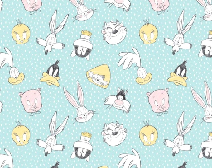 Camelot Fabrics Looney Tunes Little Dreamer Characters On Spots Teal Premium Quality 100% Cotton Fabric (CA75KK)