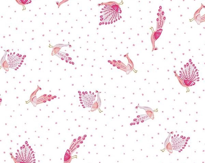 Dear Stella Lion Around Peacocks White/Pink Premium Quality 100% Cotton Fabric (M654)