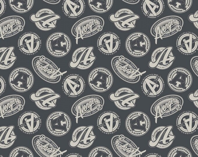 Camelot Fabrics Marvel Avengers Tossed Logos in Charcoal Premium Quality 100% Cotton Fabric (CA91KK)