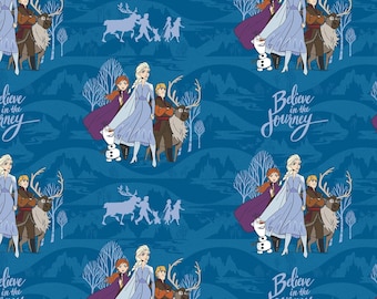 May include: A blue and white fabric with a repeating pattern of the characters from the movie Frozen. The pattern includes Elsa, Anna, Kristoff, Olaf, and Sven. The text "Believe in the Journey" is also included in the pattern.