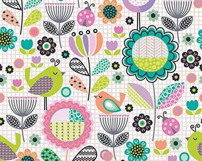 Fabri-Quilt Tweet Birds Floral On Grid Premium Quality 100% Cotton Fabric (FQ70)
