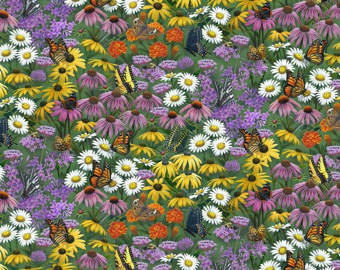 Elizabeth's Studio Butterfly Meadow Flower Field Premium Quality 100% Cotton Fabric (ES3XX)