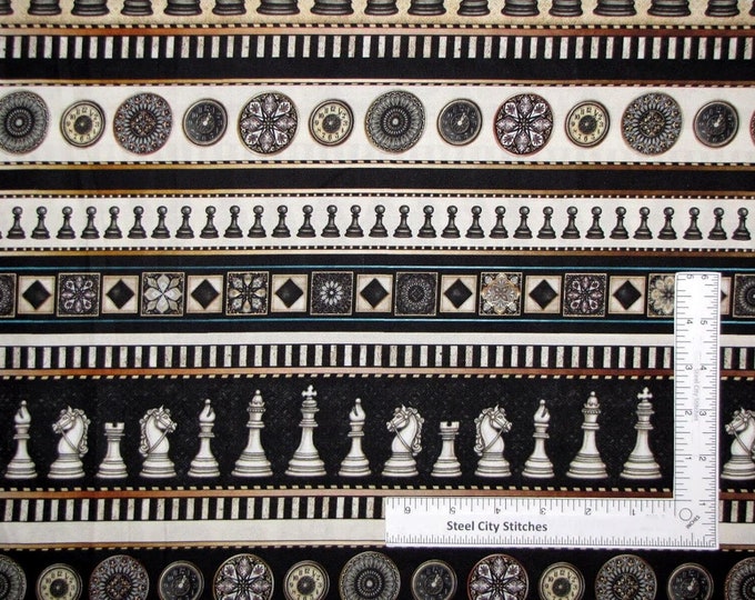 Quilting Treasures Checkmate Chess Piece Stripe Fabric Rook Queen Knight Bishop Premium Quality 100% Cotton Fabric (QT984XX)