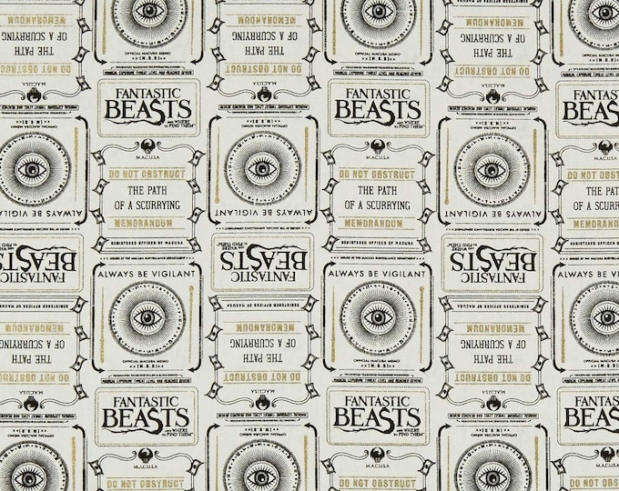 Camelot Fabrics Wizarding World Fantastic Beasts Newsprint & Symbols in Cream with Metallic Premium Quality 100% Cotton Fabric (CA1098)
