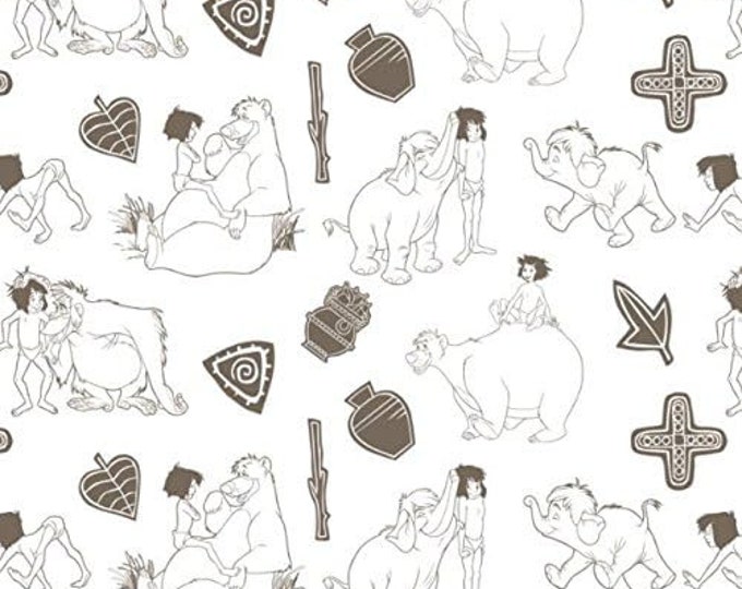 Camelot Fabrics Disney Jungle Book Line Art in White Premium Quality 100% Cotton Fabric (CA78)