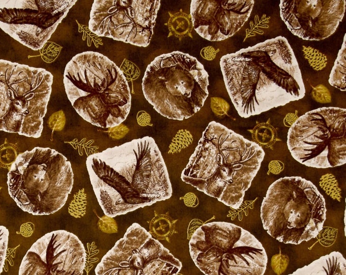 Quilting Treasures Into The Woods Animal Patch Toss Dark Olive, Terracotta Premium Quality 100% Cotton Fabric (QT597)