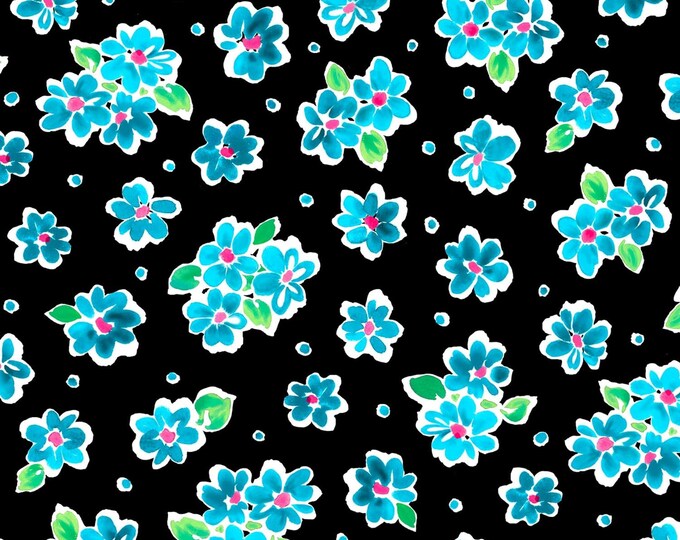 Quilting Treasure Delilah Tossed Floral Black/Turquoise Premium Quality 100% Cotton Fabric (QT762)
