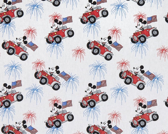 Springs Creative Disney Mickey Patriotic Car White Premium Quality 100% Cotton Fabric (SC55XX)