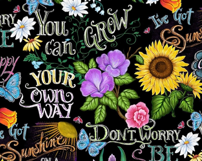 Springs Creative I've Got Sunshine Don't Worry Be Happy Black Premium Quality 100% Cotton Fabric by 1/2 of a Yard. (SC59HALFYARD)