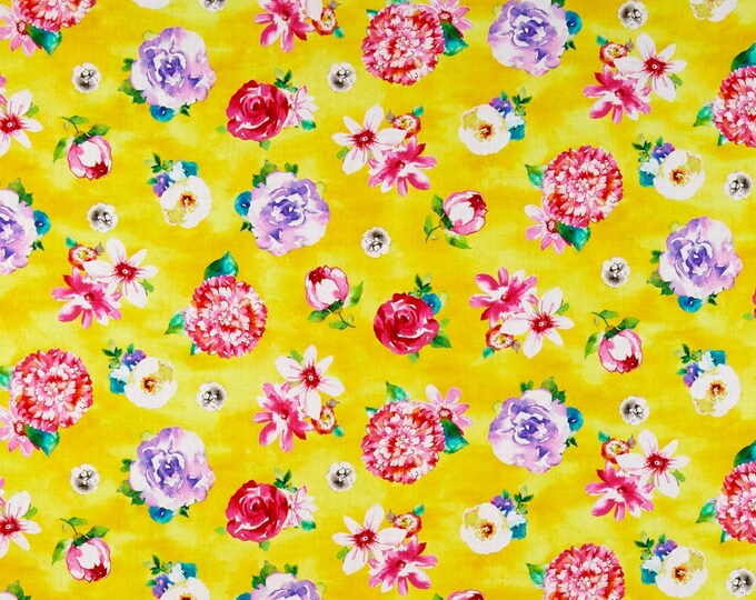 Quilting Treasures Annabelle Floral Toss Yellow Premium Quality 100% Cotton Fabric (QT1071)