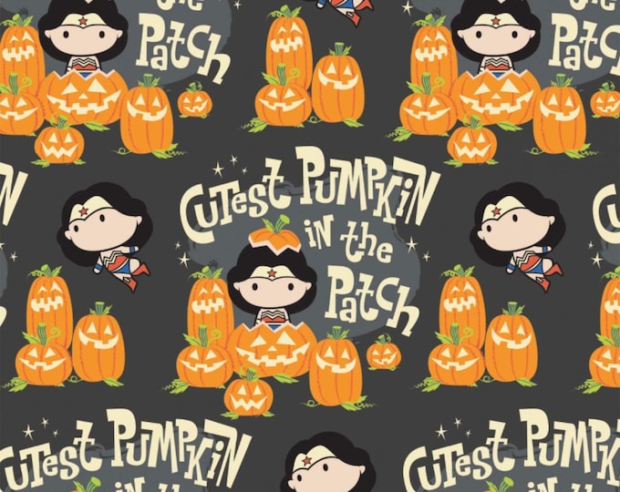 Camelot Fabrics DC Comics Character Halloween Wonder Woman Kawaii Cutest Pumpkin Gray Premium Quality 100% Cotton Fabric (CA1365KK)