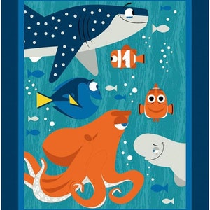 May include: A colorful illustration of characters from the movie Finding Dory. The characters include Dory the blue tang, Marlin the clownfish, Hank the octopus, Destiny the whale shark, and Bailey the beluga whale. The illustration is set against a blue background with white bubbles.