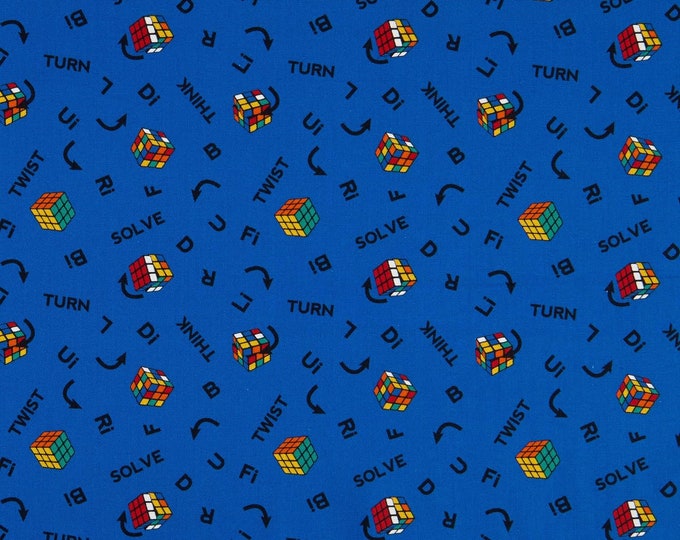 Camelot Fabrics I Love Rubik's Collection Twist & Turn Blue Premium Quality 100% Cotton Fabric (CA143KK)