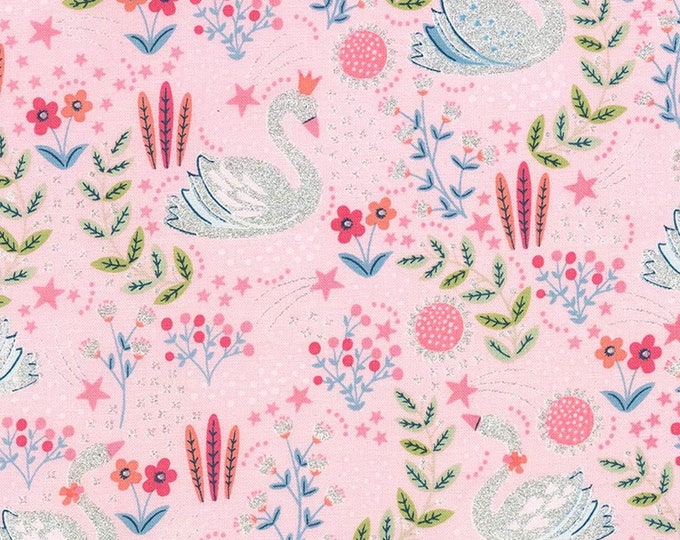 Timeless Treasures Metallic Plie Dainty Swans Pink Premium Quality 100% Cotton Fabric (TT1043)