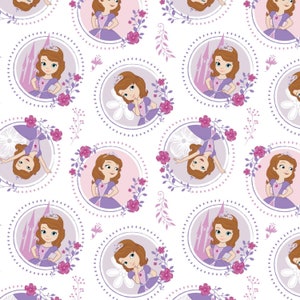 May include: A seamless pattern featuring a cartoon princess in a purple dress and crown. The princess is surrounded by pink flowers and purple vines. The background is white.