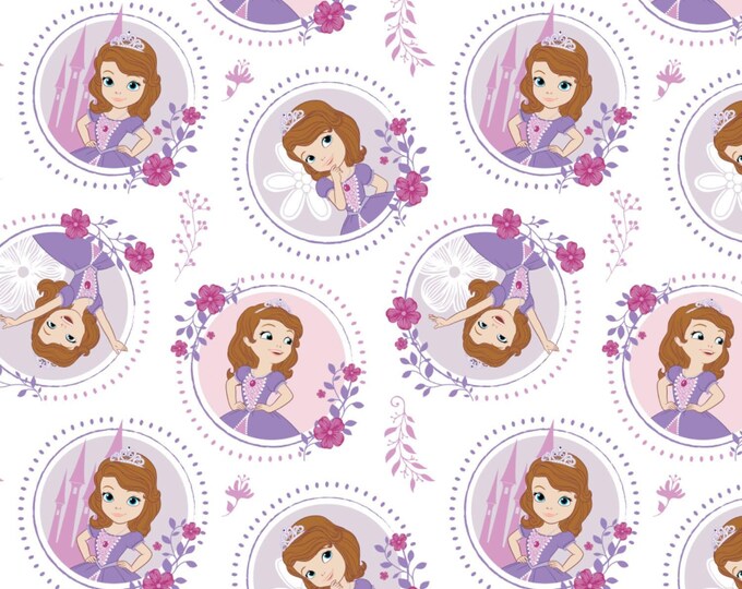 Camelot Fabrics Disney Sofia the First Floral Frame in White Premium Quality 100% Cotton Fabric (CA746)
