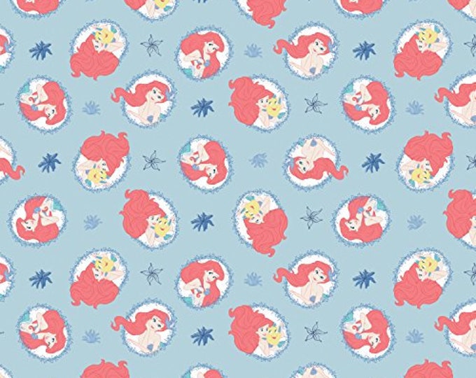 Disney The Little Mermaid Coral Frame Light Blue Camelot 100% Cotton fabric by the yard  (CA761)