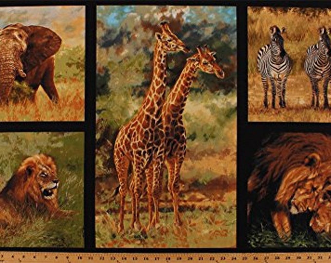 23" X 44" Panel Giraffes Lions Elephants Zebras Cotton Fabric Panel (RK333)