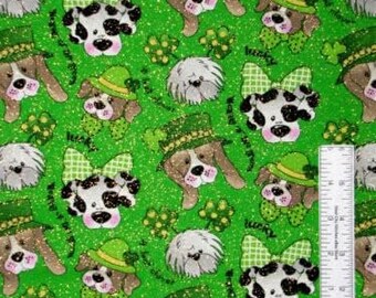 St Patricks Day Fabric Puppy Dog Shamrock Glitter Premium Quality 100% Cotton Fabric (M501CC)
