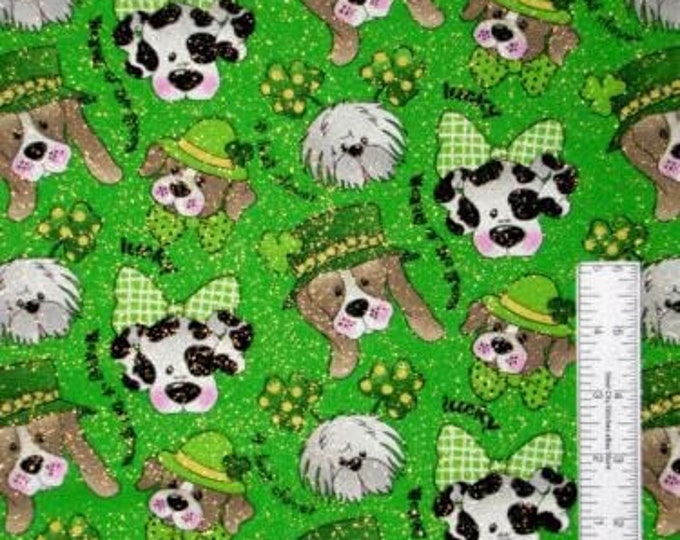 St Patricks Day Fabric Puppy Dog Shamrock Glitter Premium Quality 100% Cotton Fabric (M501CC)
