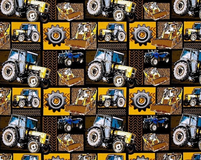 David Textiles Construction Zone Machinery Patchwork Yellow/Black Premium Quality 100% Cotton Fabric (DA72)