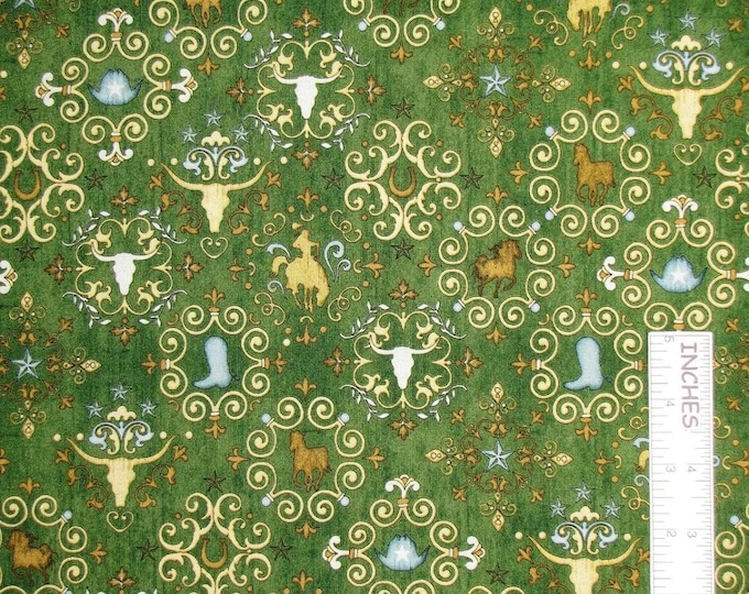 Quilting Treasure Cowboy Western Unbridled Bandanna Horse Green Premium Quality 100% Cotton Fabric (QT789XX)