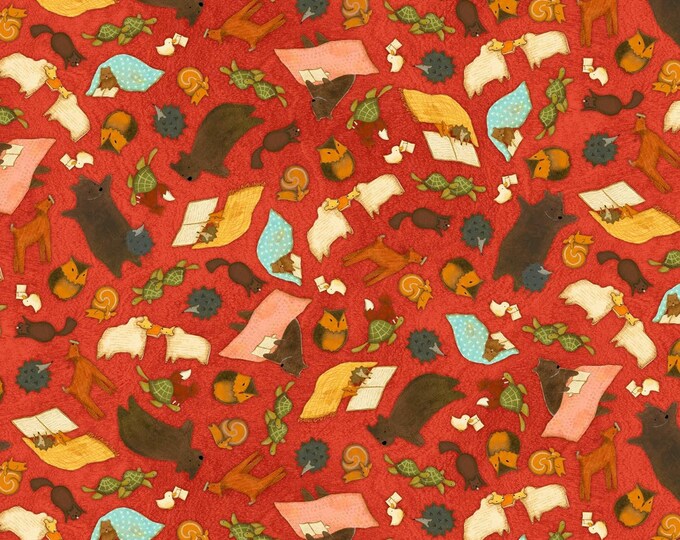 Quilting Treasures Santoro Poppi Loves Reading Together Animal Toss Red Premium Quality 100% Cotton Fabric (QT904)