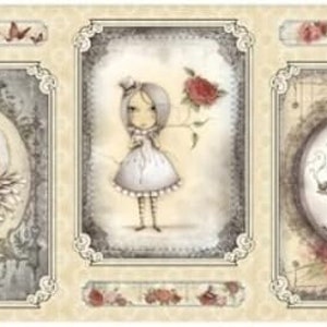 May include: Three framed illustrations of girls with whimsical details. Each girl is dressed in a different outfit and has a unique expression. The frames are ornate and have a vintage aesthetic.