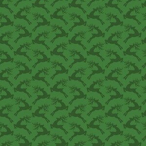 May include: A seamless pattern of dark green reindeer silhouettes on a bright green background.