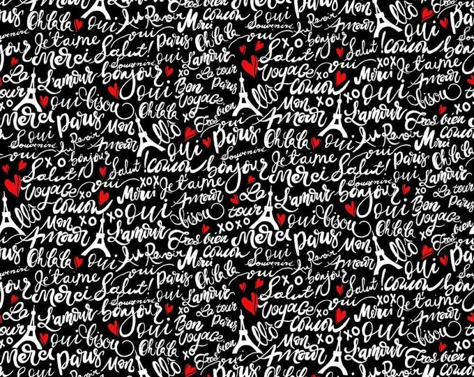 Springs Creative Fabrics Bonjour Parisian Words Black Premium Quality 100% Cotton Fabric (SC971BB)