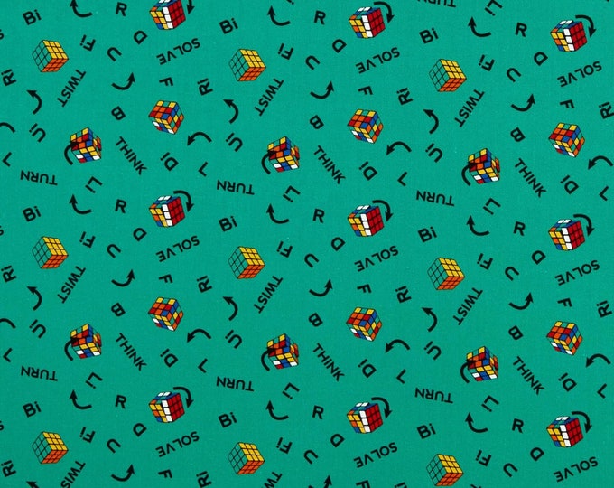 Camelot Fabrics I Love Rubik's Collection Twist & Turn Green Premium Quality 100% Cotton Fabric (CA144KK)