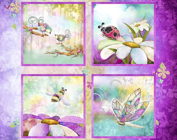 3 Wishes Fabrics in The Meadow Bugs & Birds Multicolor 35" Panel Premium Quality 100% Cotton Fabric by the Panel  (M413)