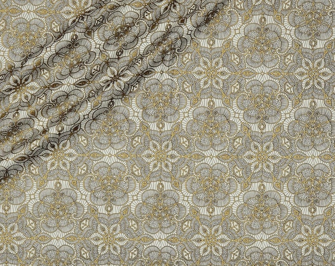 Quilting Treasures Basics Luminous Lace Medallion Blender Metallic Cream/Black (NOT ACTUAL LACE) Premium Quality 100% Cotton Fabric (QT946)