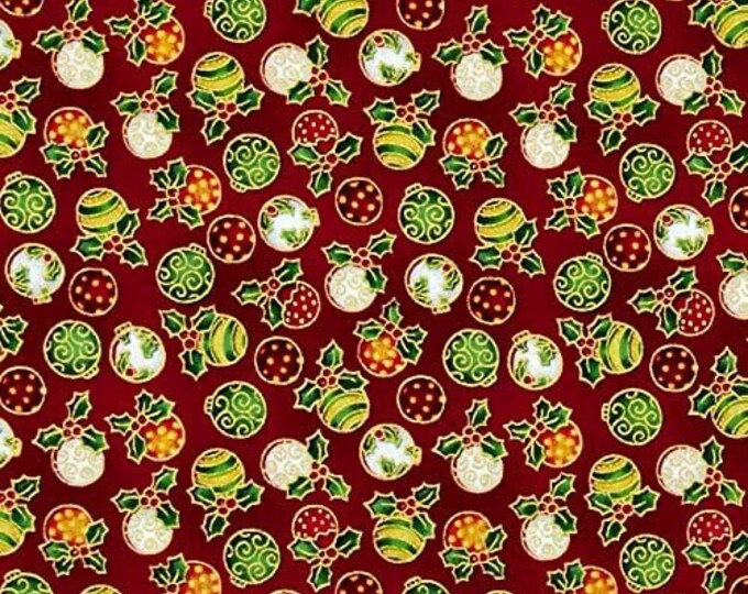 Fabri-Quilt Seasons Greetings Ornaments Red Premium Quality 100% Cotton Fabric (FQ278)