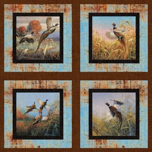 May include: Four framed images of pheasants in various poses, set against a background of brown and blue.