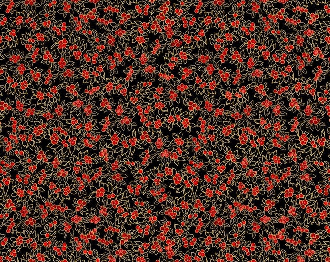 Timeless Treasures Christmas Joy Berry Sprays Black Premium Quality 100% Cotton Fabric (RK323SC)